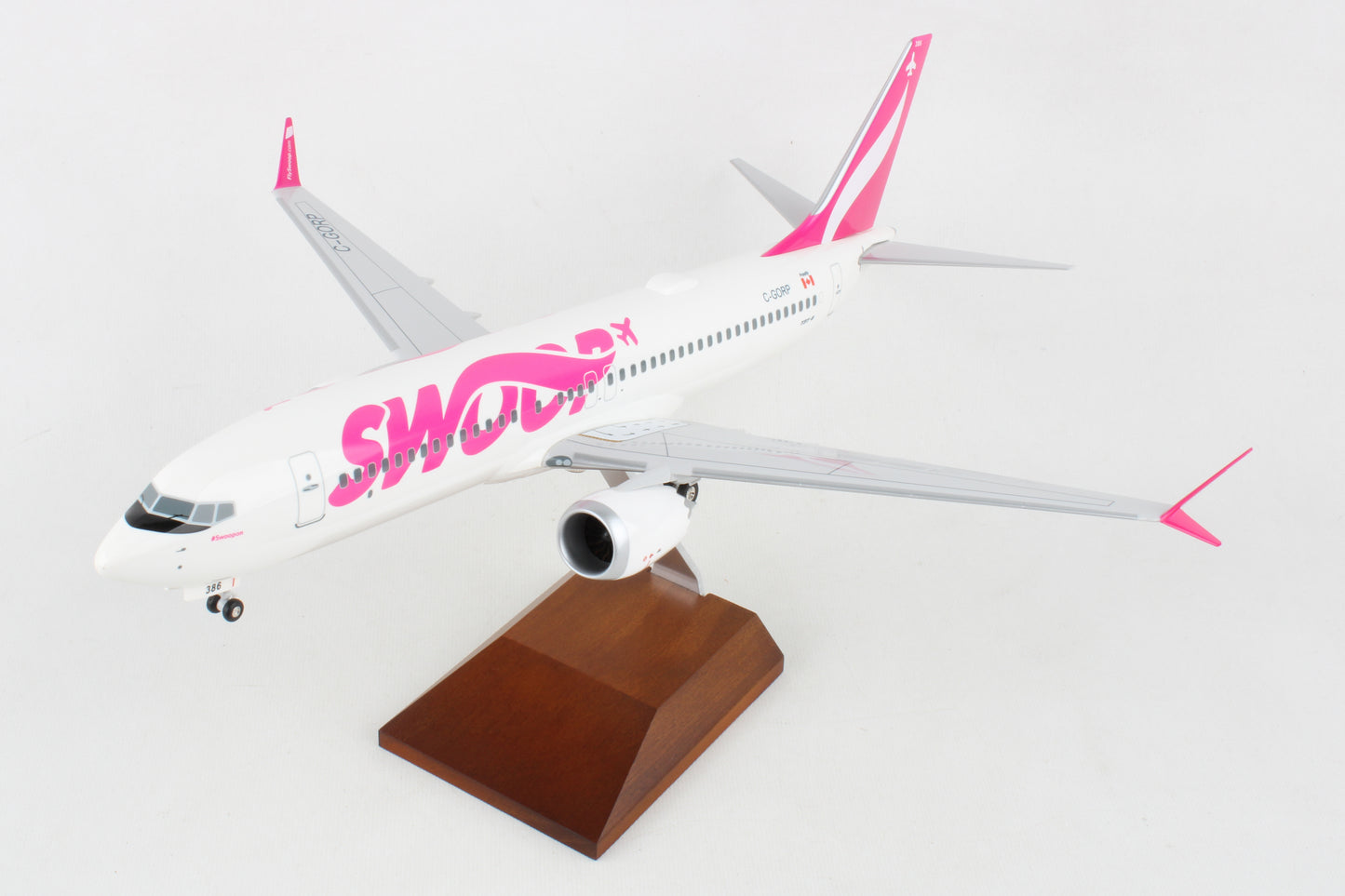 SKR8292 SKYMARKS SWOOP 737MAX8 1/100 W/WOOD STAND & GEAR