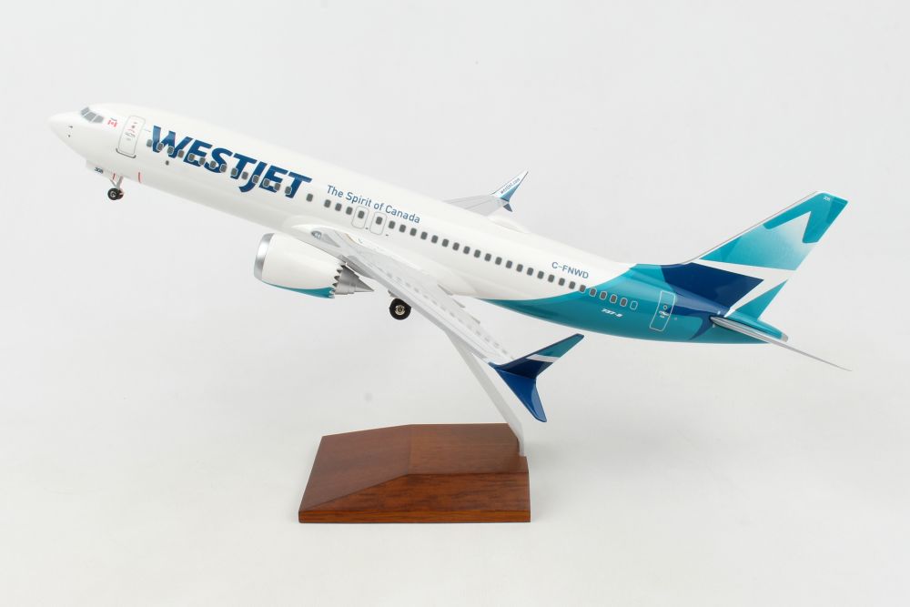 SKR8276 SKYMARKS WESTJET 737-MAX8 1/100 W/WOOD STAND & GEAR NEW LIVERY - SkyMarks Models